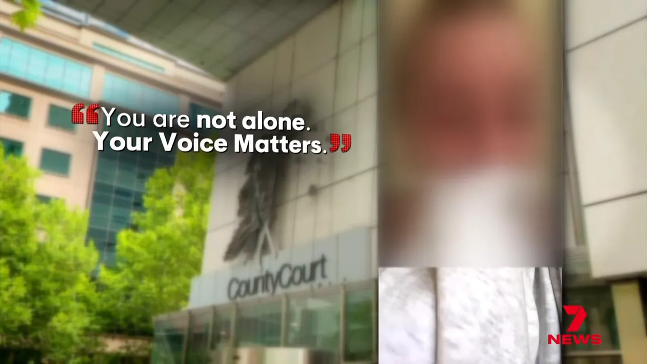 Courthouse facade with a blurred vertical social video on the right and overlaid text: 'You are not alone. Your Voice Matters.'