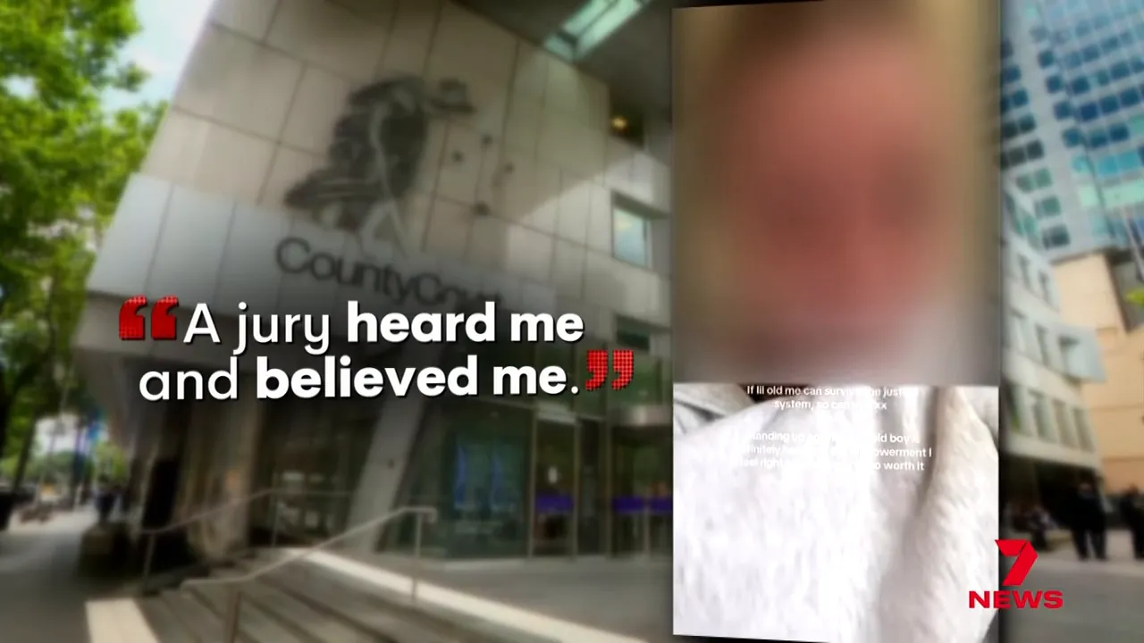 Blurred social media clip alongside County Court exterior with on-screen text 'A jury heard me and believed me'