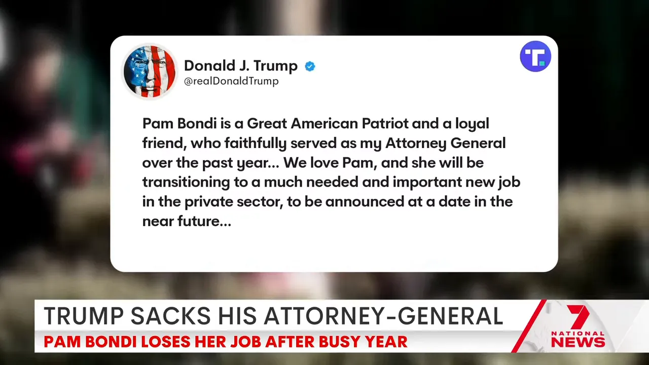 Screenshot of Donald J. Trump’s post praising Pam Bondi as “a Great American Patriot”