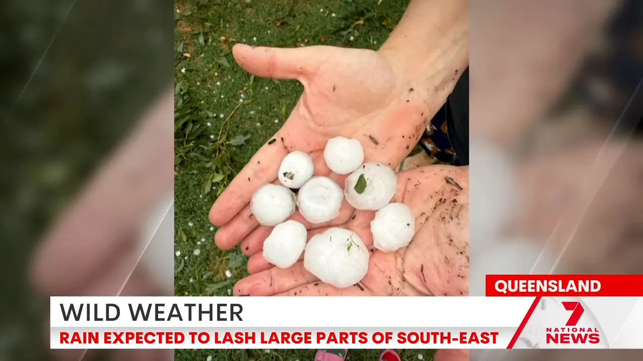 Close-up of hailstones and strong winds damage