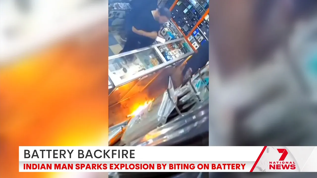 Electronics shop interior showing flames along a glass display counter and staff reacting