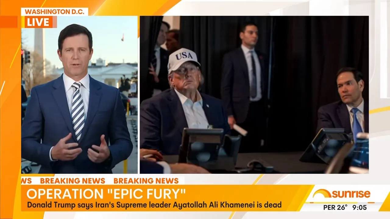 Broadcast screenshot with a news anchor and a clear view of an operations briefing board reading 'Operation Epic Fury' behind officials.