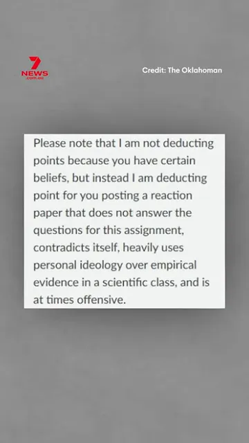Legible screenshot of instructor feedback stating points were deducted for not answering the assignment and relying on personal ideology.