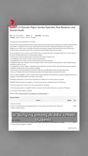 clear screenshot of Lesson 3.3 reaction paper assignment showing grading criteria for gender typicality, peer relations and mental health