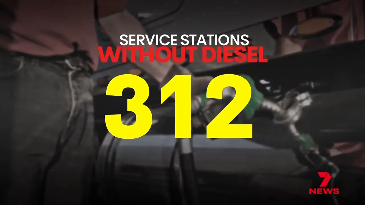 News graphic reading 'SERVICE STATIONS WITHOUT DIESEL 312' over a blurred service station background