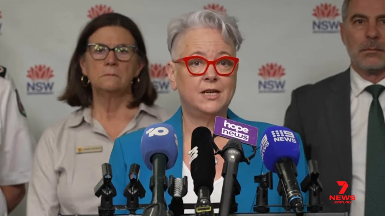 Government spokesperson at a podium with multiple news microphones and NSW-branded backdrop, looking toward the camera while speaking.