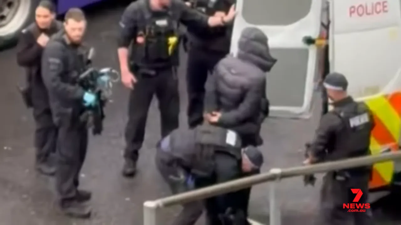 Police officers surrounding and handcuffing a hooded person next to a police van
