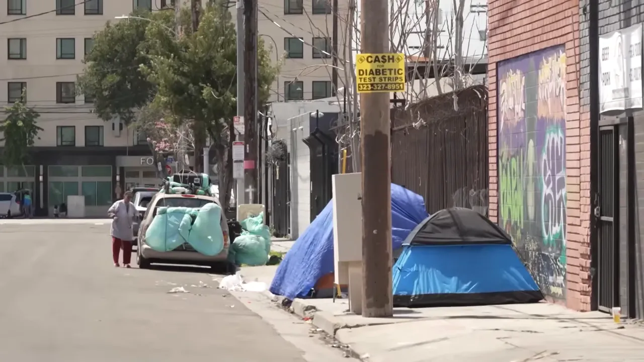 Makeshift shelters on Skid Row and rows of tents