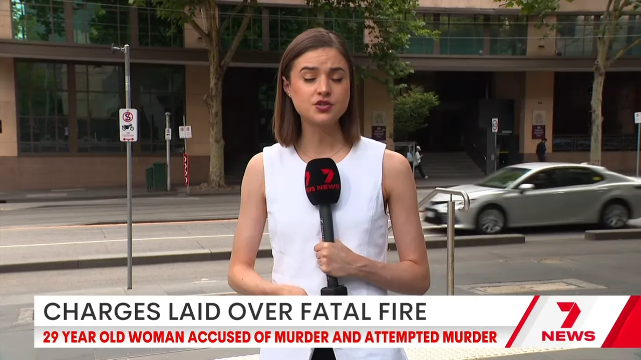 Television reporter standing outside a court building after charges were laid over the Clyde North fire