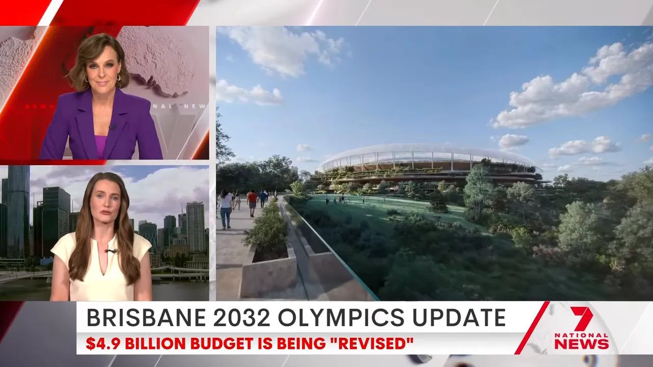 Rendering of a proposed 63,000-seat stadium at Victoria Park with surrounding parkland and pedestrian pathways, used in Brisbane 2032 coverage.