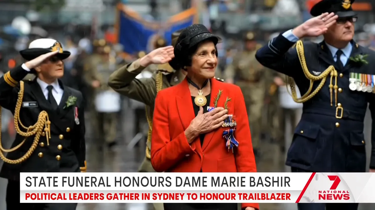 state funeral procession in Sydney showing a central honoured guest and uniformed personnel saluting