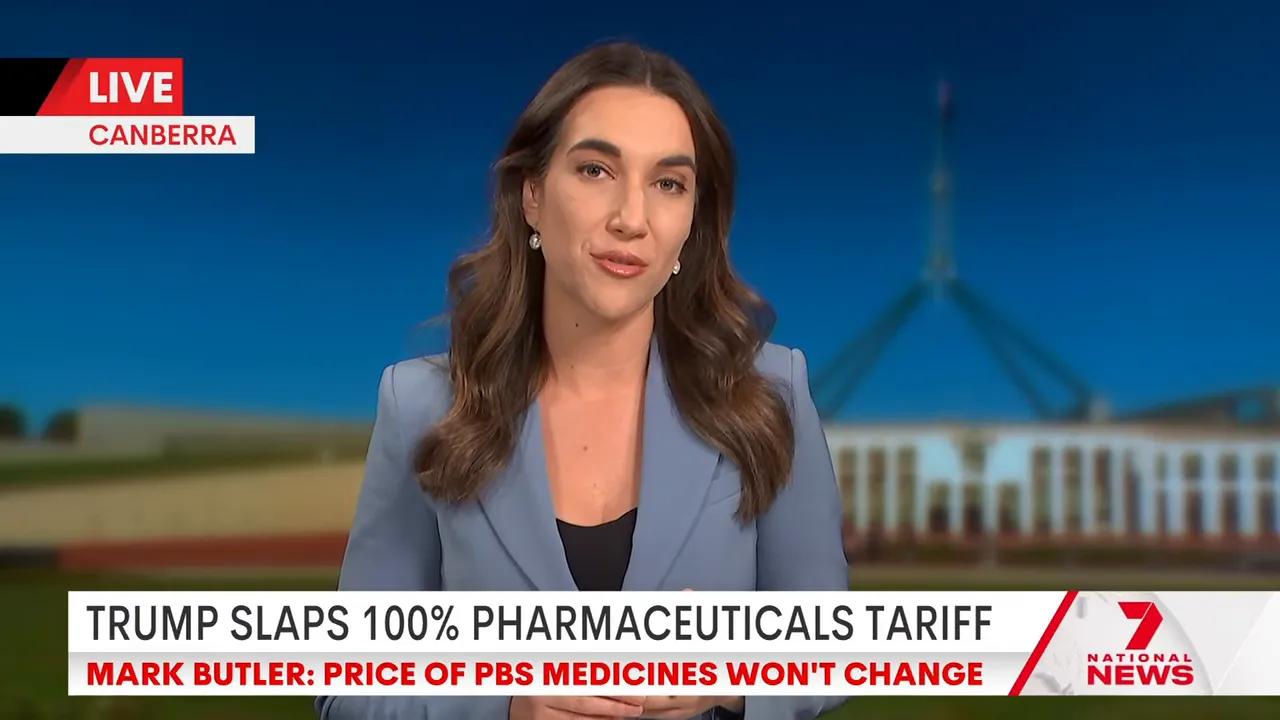 Reporter on air with headline about Trump 100% pharmaceuticals tariff and PBS medicine prices