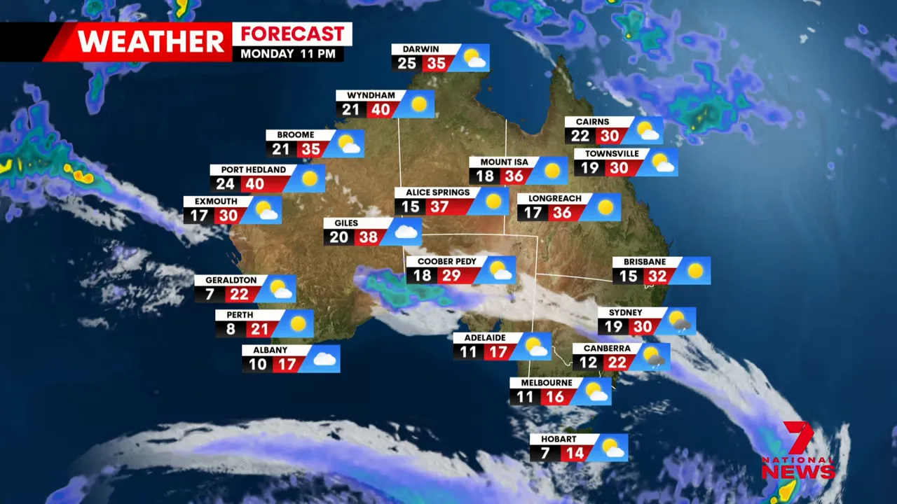 Weather map showing conditions across Australian cities