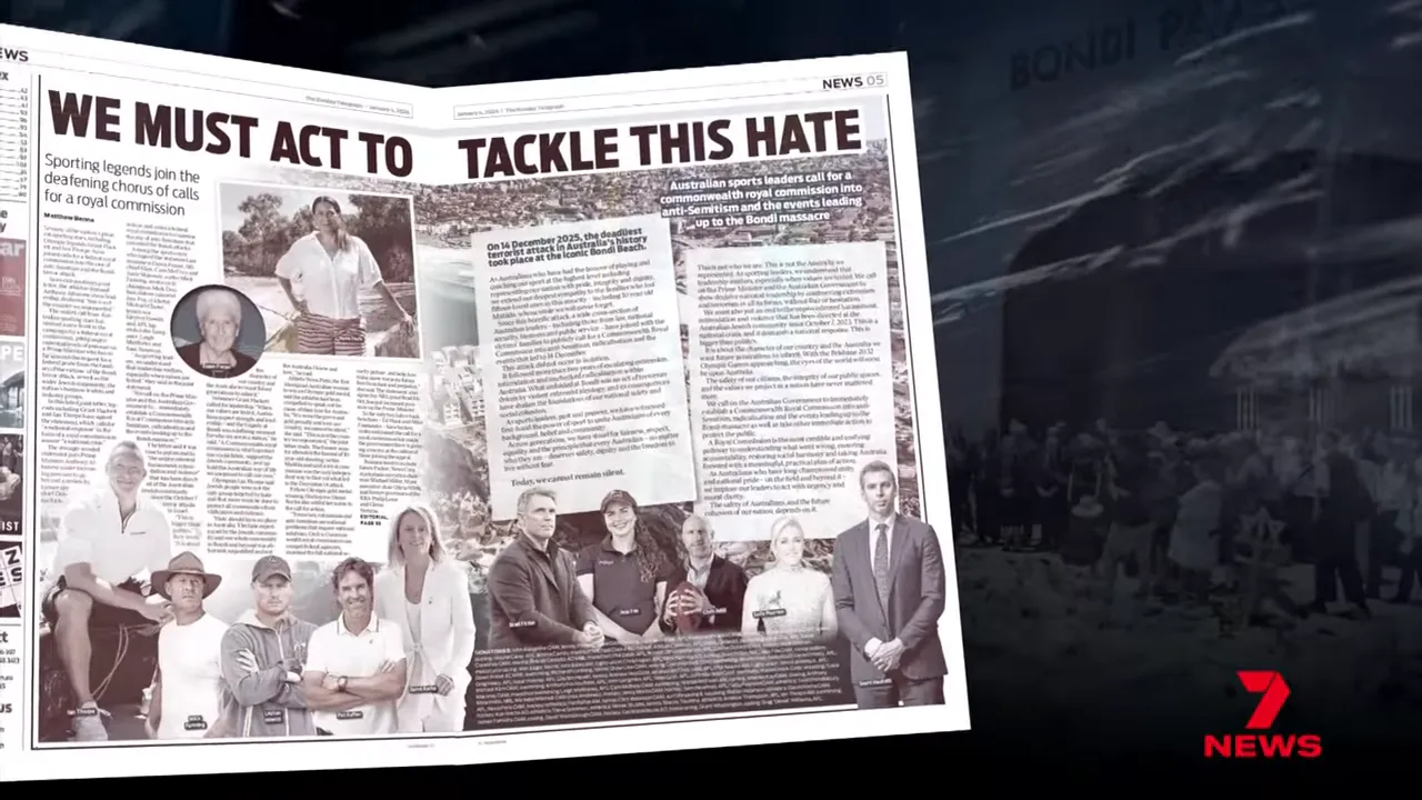 Newspaper double-page spread headlined 'We must act to tackle this hate' with images of sporting leaders.