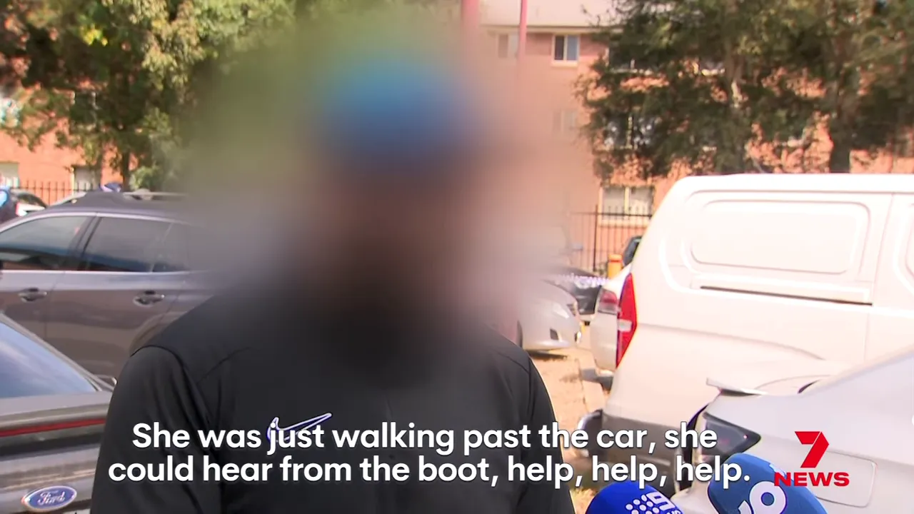 Blurred witness with on-screen quote: she could hear from the boot, help help help, microphones visible