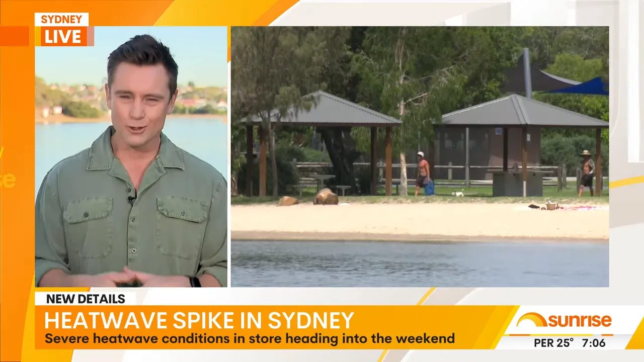 Beachside park with shade shelters and people at the water during a Sydney heatwave
