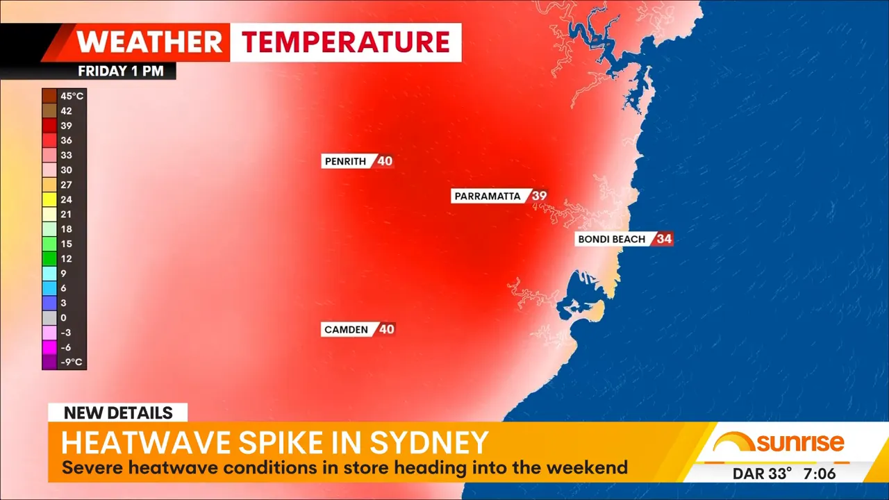 Weather temperature map of Sydney (Friday 1 PM) with a red heat zone and labels showing Penrith 40°C, Parramatta 39°C and Camden 40°C.