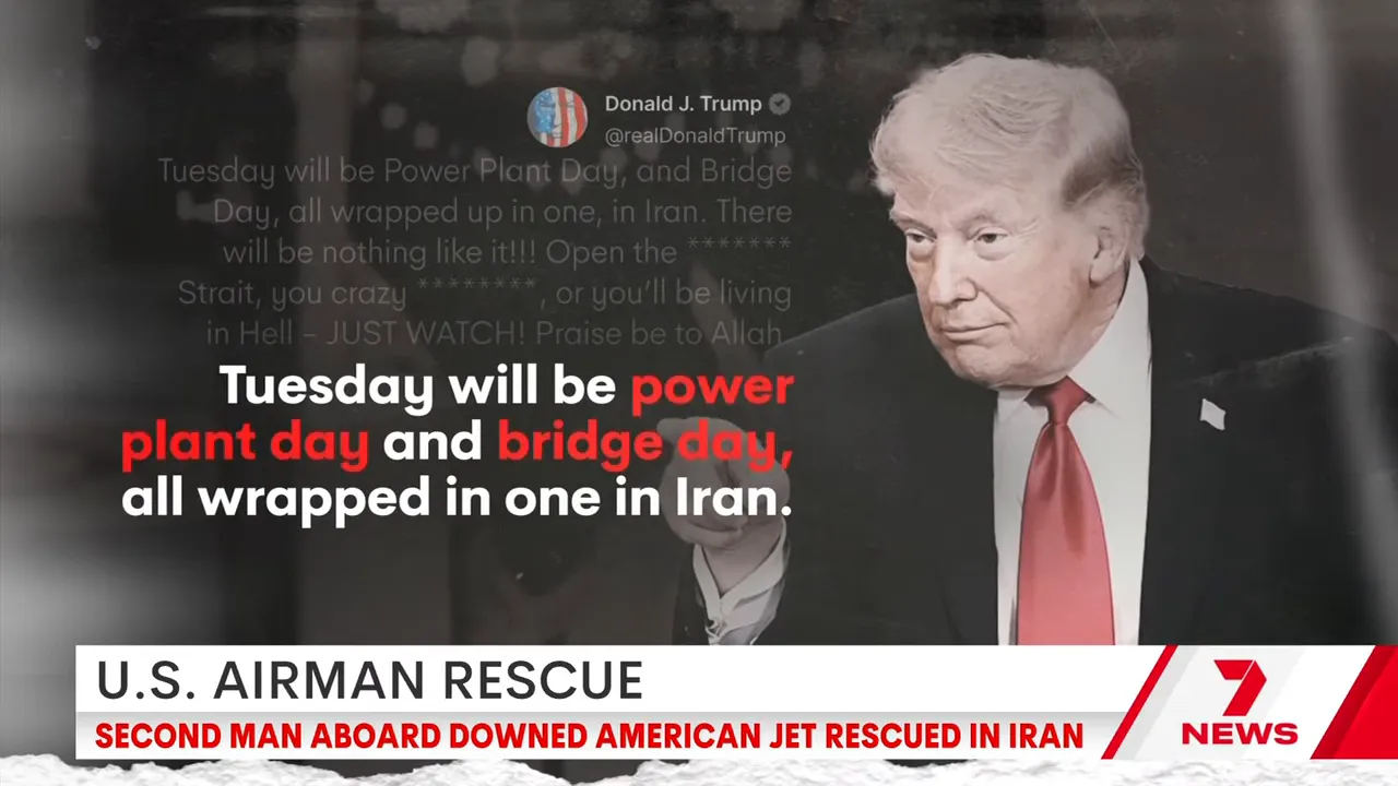 Donald Trump with on-screen text about Tuesday being power plant day and bridge day