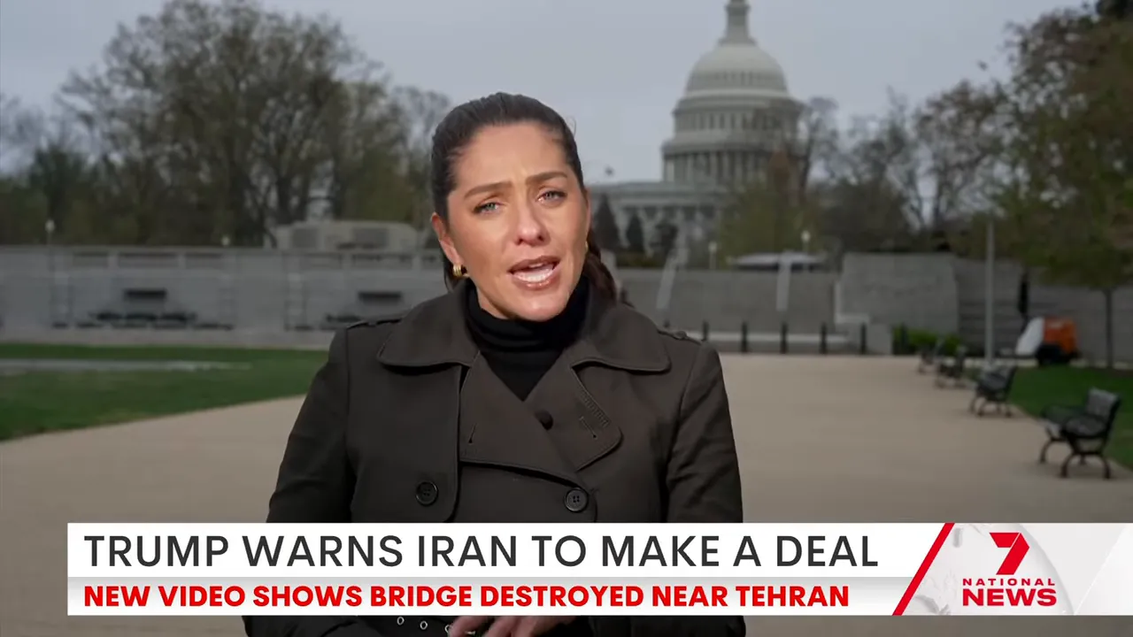 National News reporter in front of the US Capitol with banner ‘Trump warns Iran to make a deal’ and ‘new video shows bridge destroyed near Tehran’