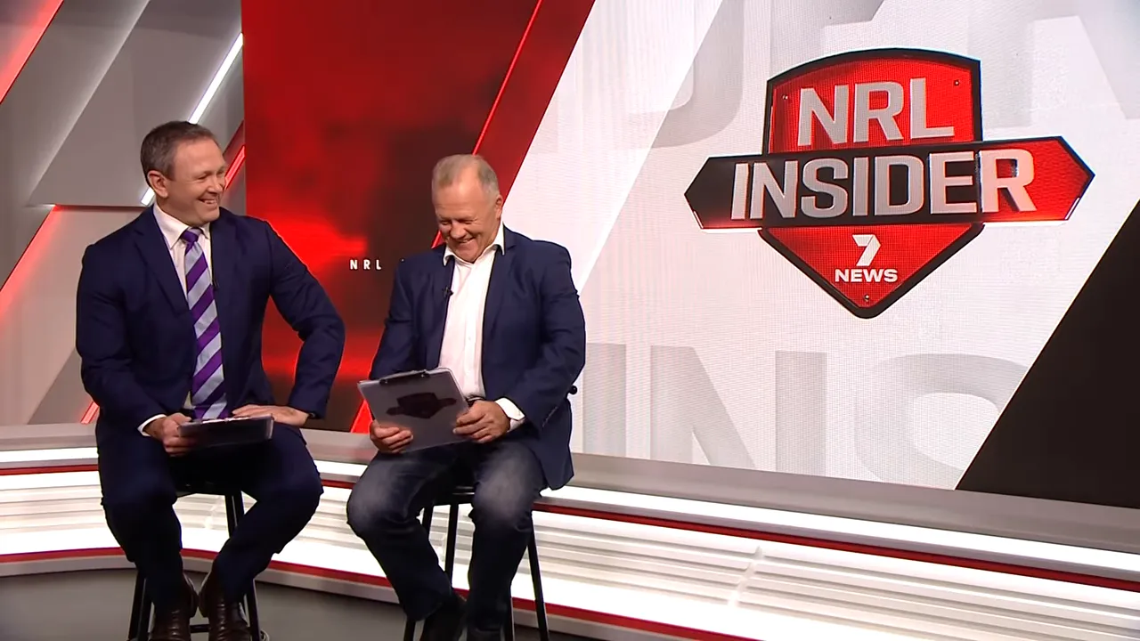 NRL Insider hosts Webby and Gilly chatting on set during Round Five tips
