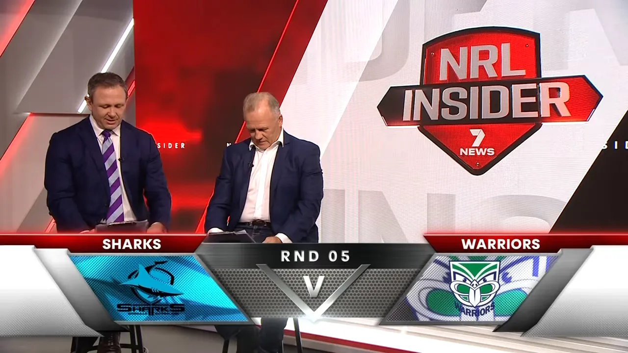 NRL Insider Sharks vs Warriors Round Five matchup graphic with hosts on set