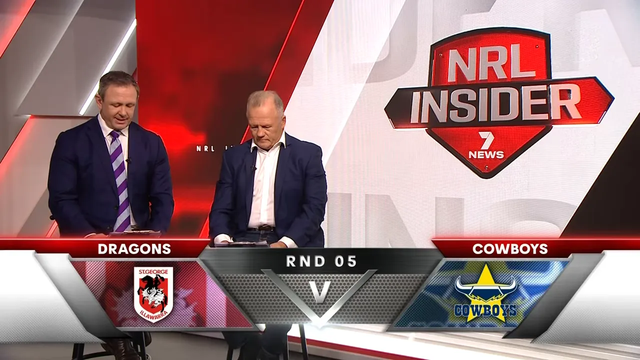 NRL Insider match-up graphic for Dragons vs Cowboys with hosts on set
