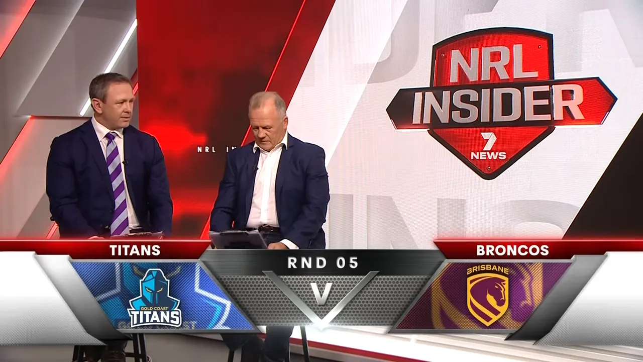 NRL Insider Round 5 Titans vs Broncos matchup graphic with Webby and Gilly on set