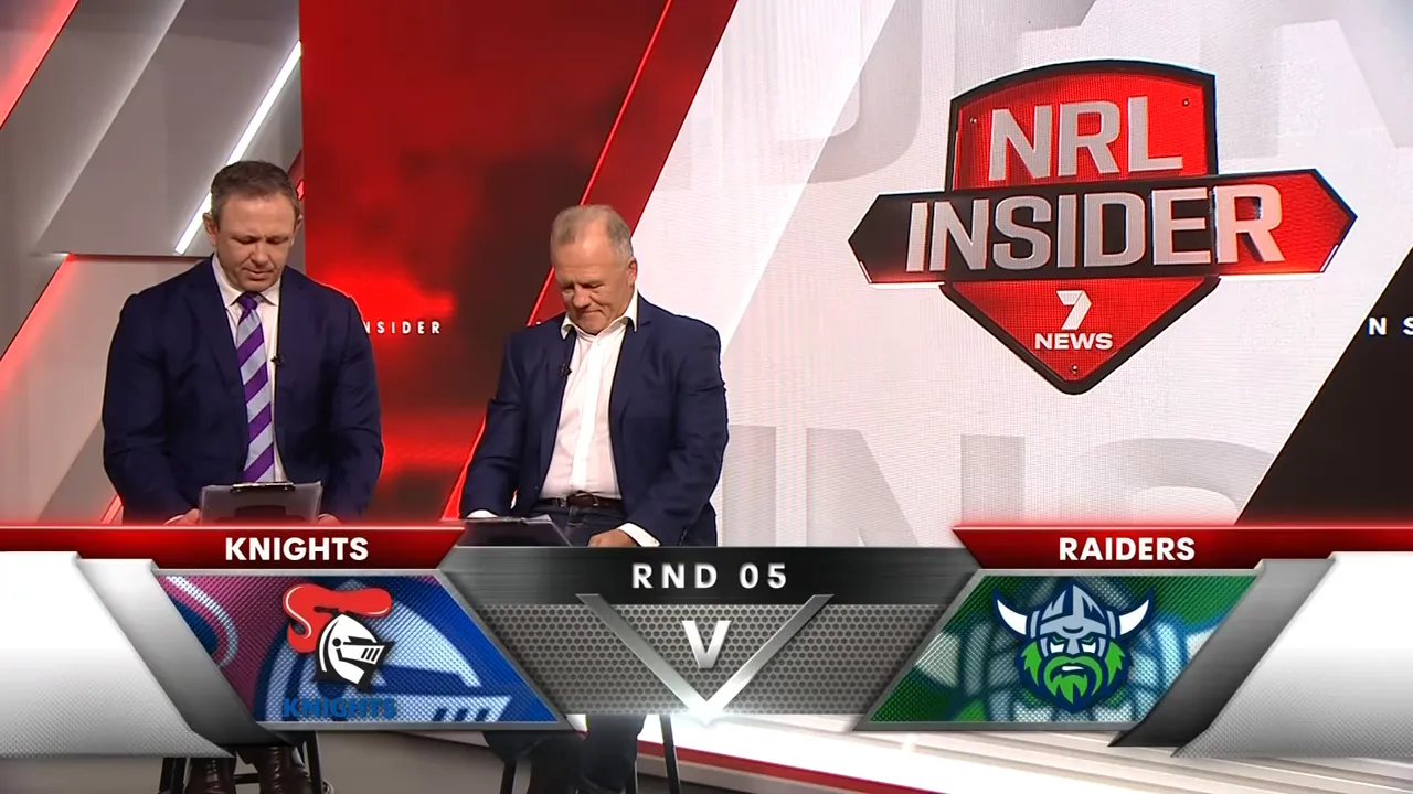 NRL Insider Round Five Knights vs Raiders graphic with Webby and Gilly on set