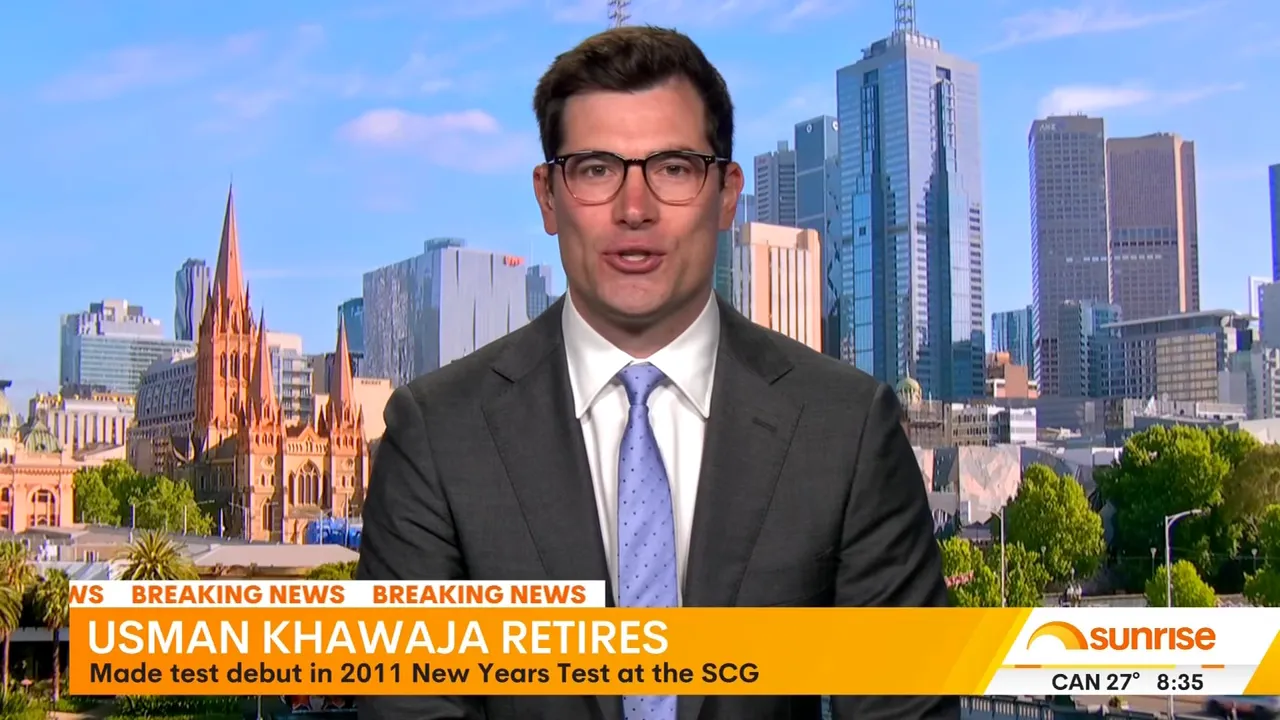 Television interview frame with clear 'USMAN KHAWAJA RETIRES' chyron and Melbourne skyline in the background