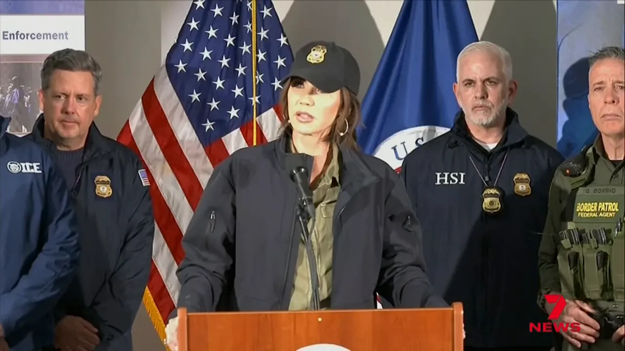 Federal authorities at a press briefing with US flag and agency insignia after an ICE operation