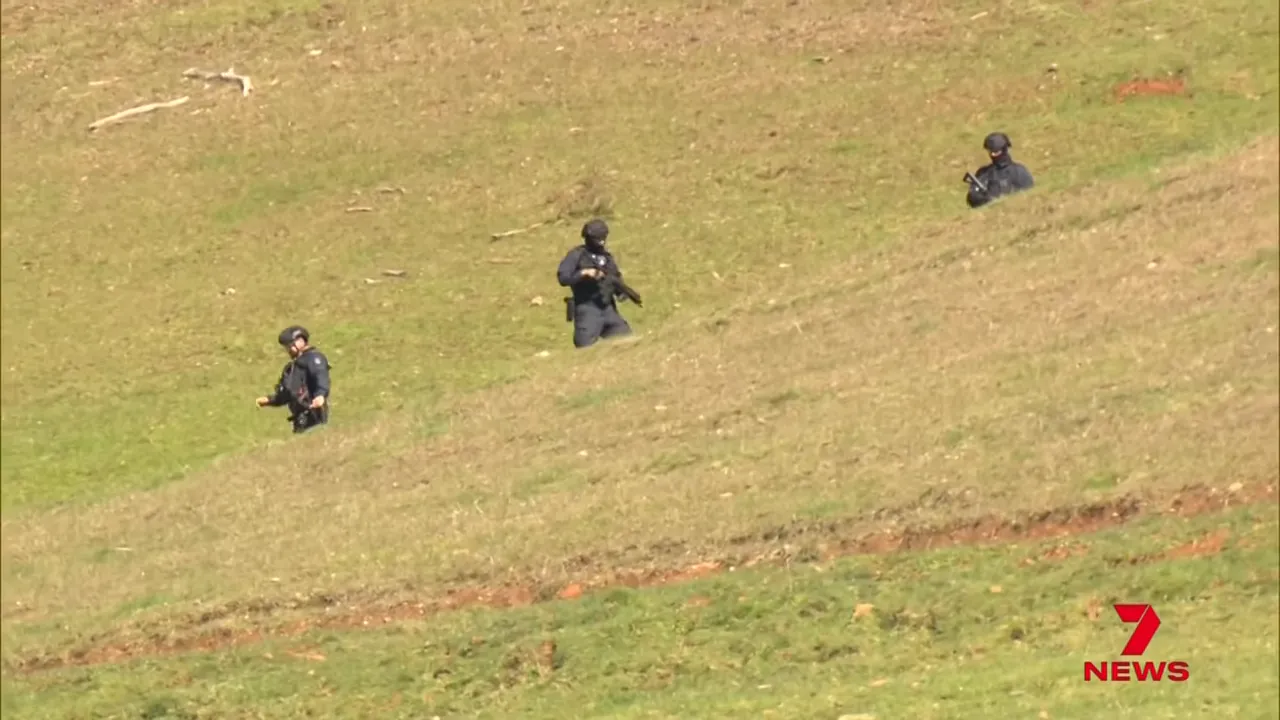 Three armed officers spaced across a steep grassy hillside conducting a coordinated search.