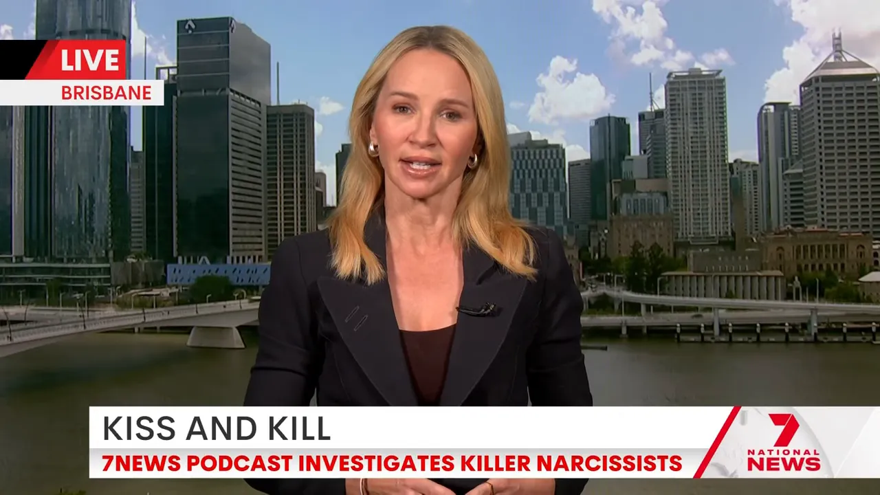 Well-framed televised reporter in front of a Brisbane skyline with a prominent 'Kiss and Kill' news banner about an investigative podcast