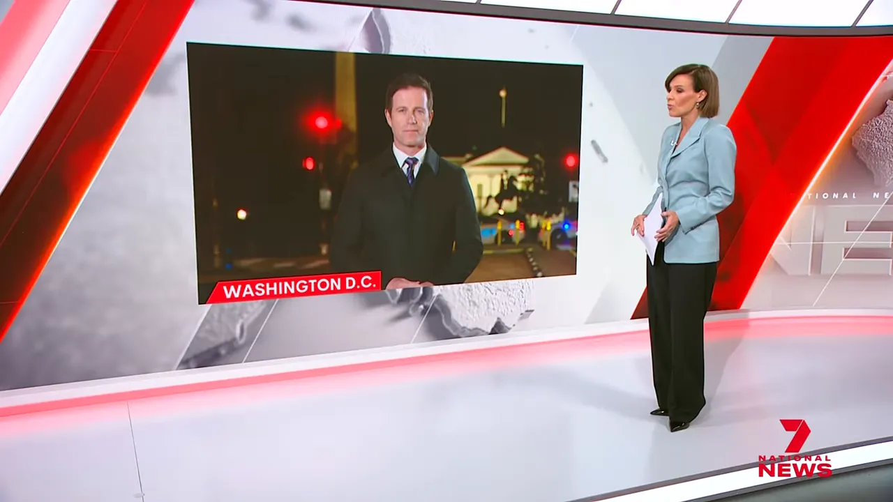studio anchor with an inset live correspondent labelled 'Washington D.C.' visible on the studio screen