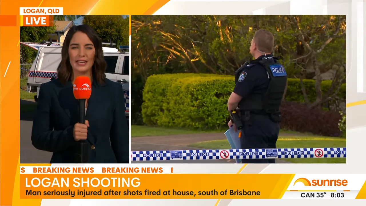 On-scene Sunrise reporter standing left while a police officer stands behind police tape at the property
