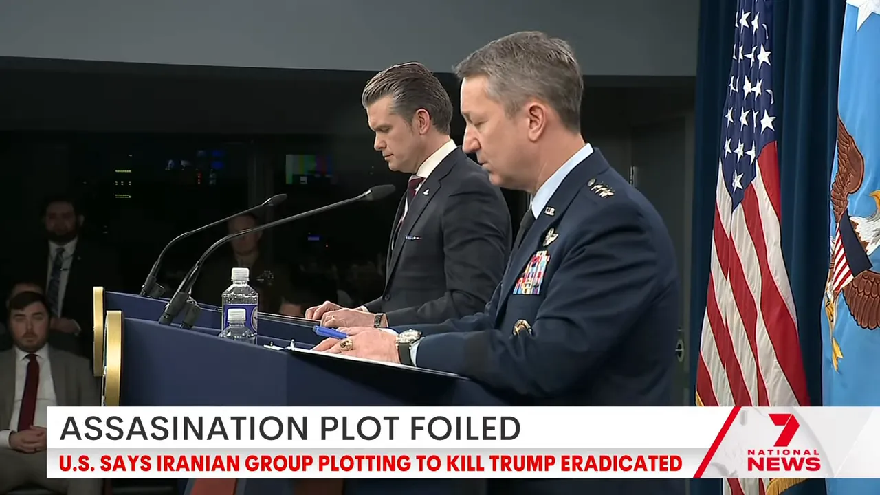 Side view of two officials at podiums with a news banner reading 'Assassination plot foiled'