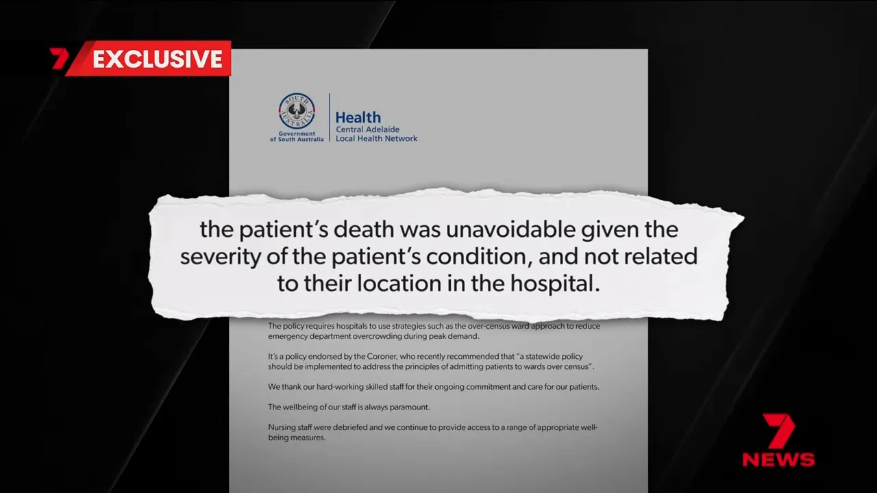 Highlighted torn-paper quote stating the patient's death was unavoidable given the severity of their condition and not related to their location in the hospital.