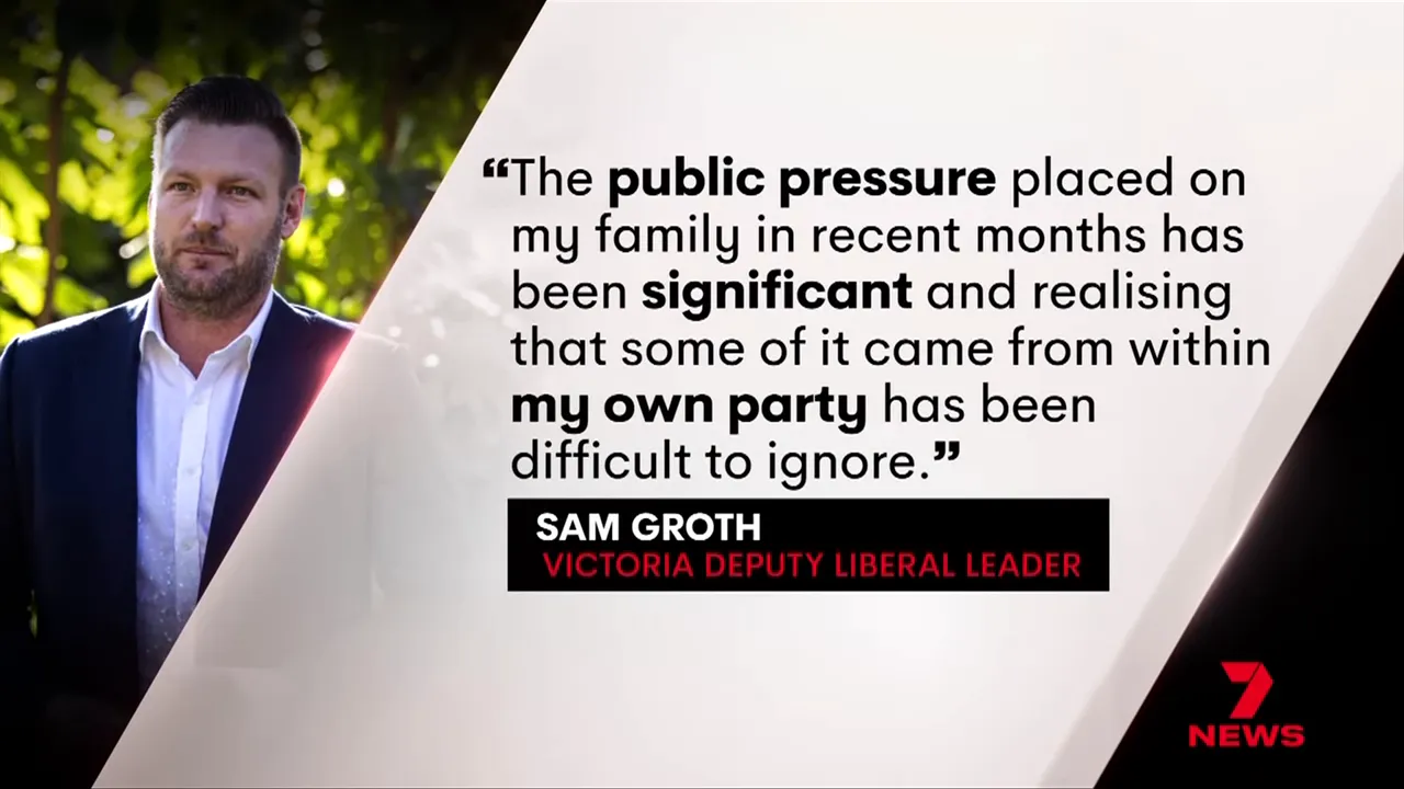 News graphic showing a politician's portrait next to a large quoted statement about public pressure on their family and internal party leaks