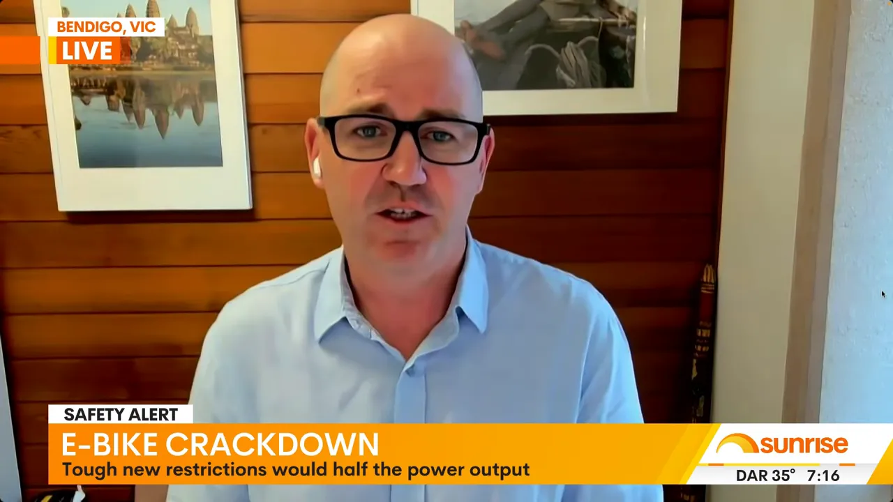 Clear TV interview screenshot with 'E-BIKE CRACKDOWN' chyron showing an expert speaking about proposed limits
