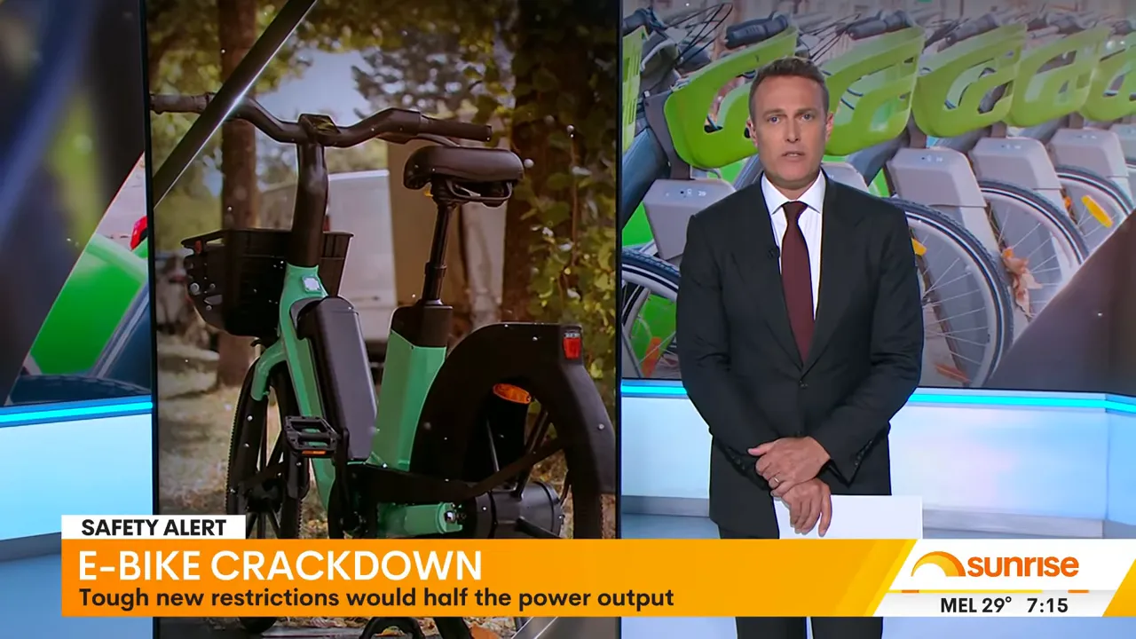 television news presenter with a prominent e-bike image and 'E-BIKE CRACKDOWN' chyron