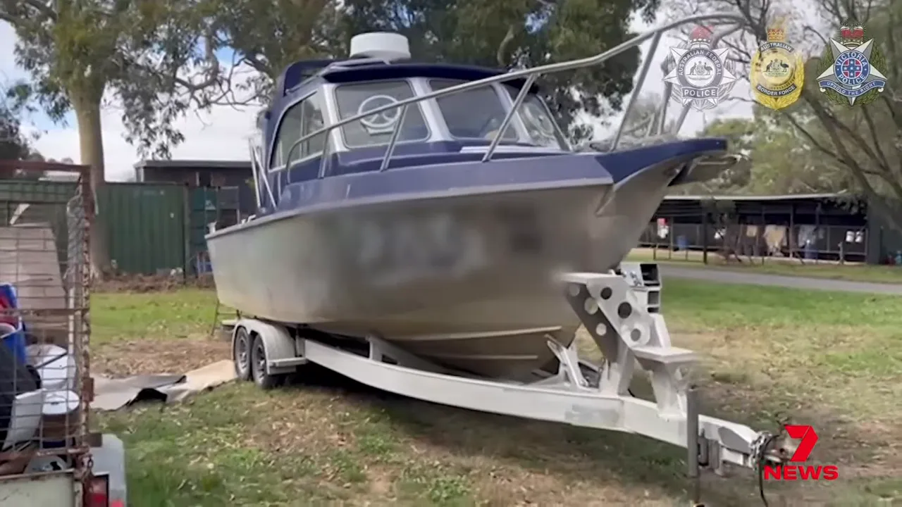 Seized speedboat or patrol vessel on a trailer during the Bass Strait drug smuggling investigation