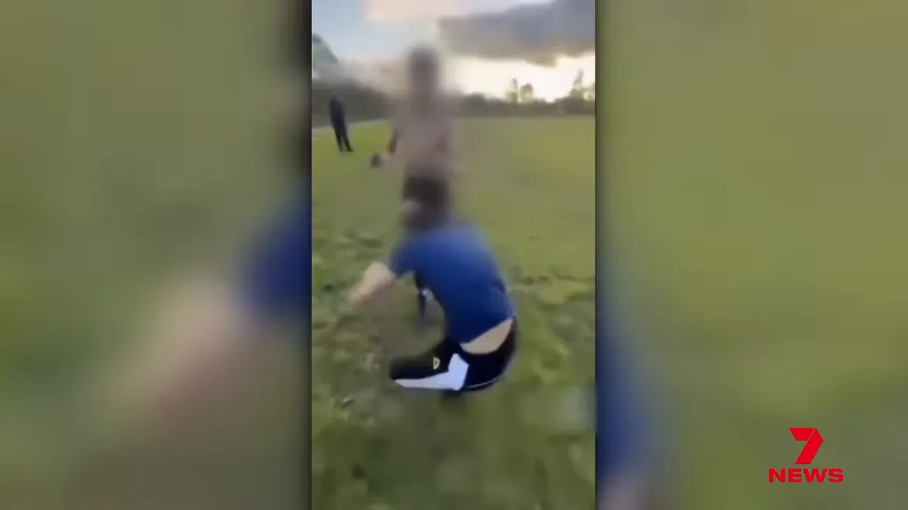 Vertical phone video still of a teenager on the ground during an assault in a park