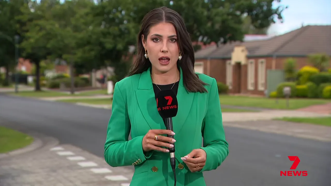 Television news reporter standing on a suburban street holding a microphone with '7 News' logo.