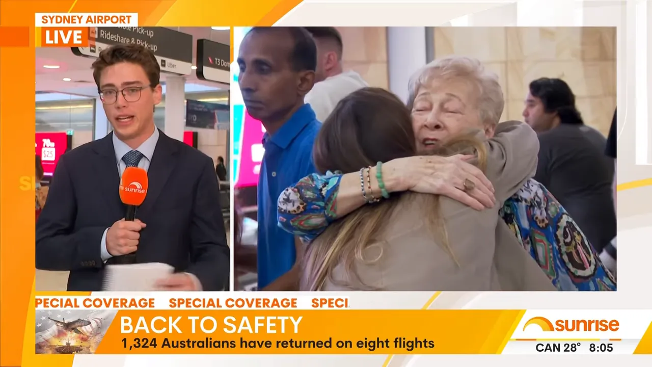 An elderly woman hugging a relative at the airport arrivals area during an emotional reunion