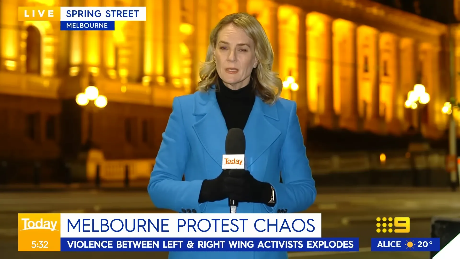 Crowds clashing in Melbourne's Spring Street during rival protests