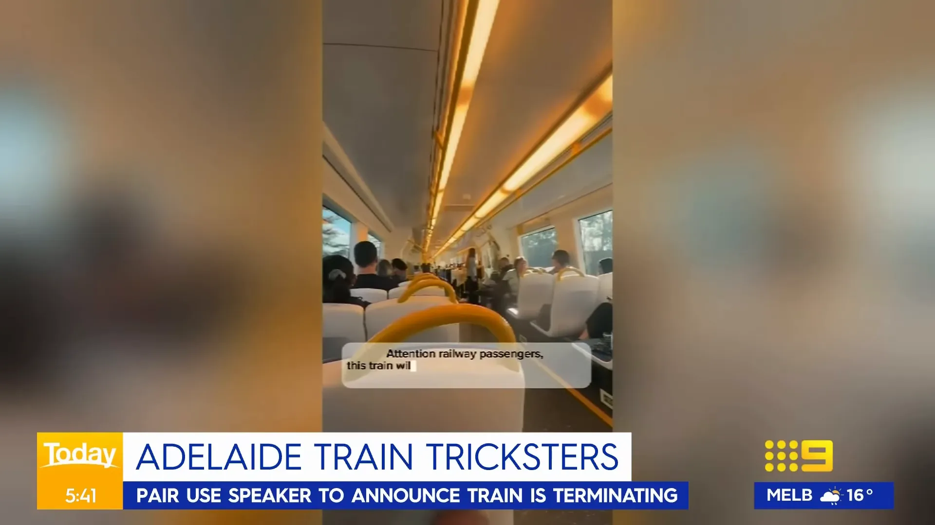 Passengers on a suburban train, highlighting the context of the prank announcement