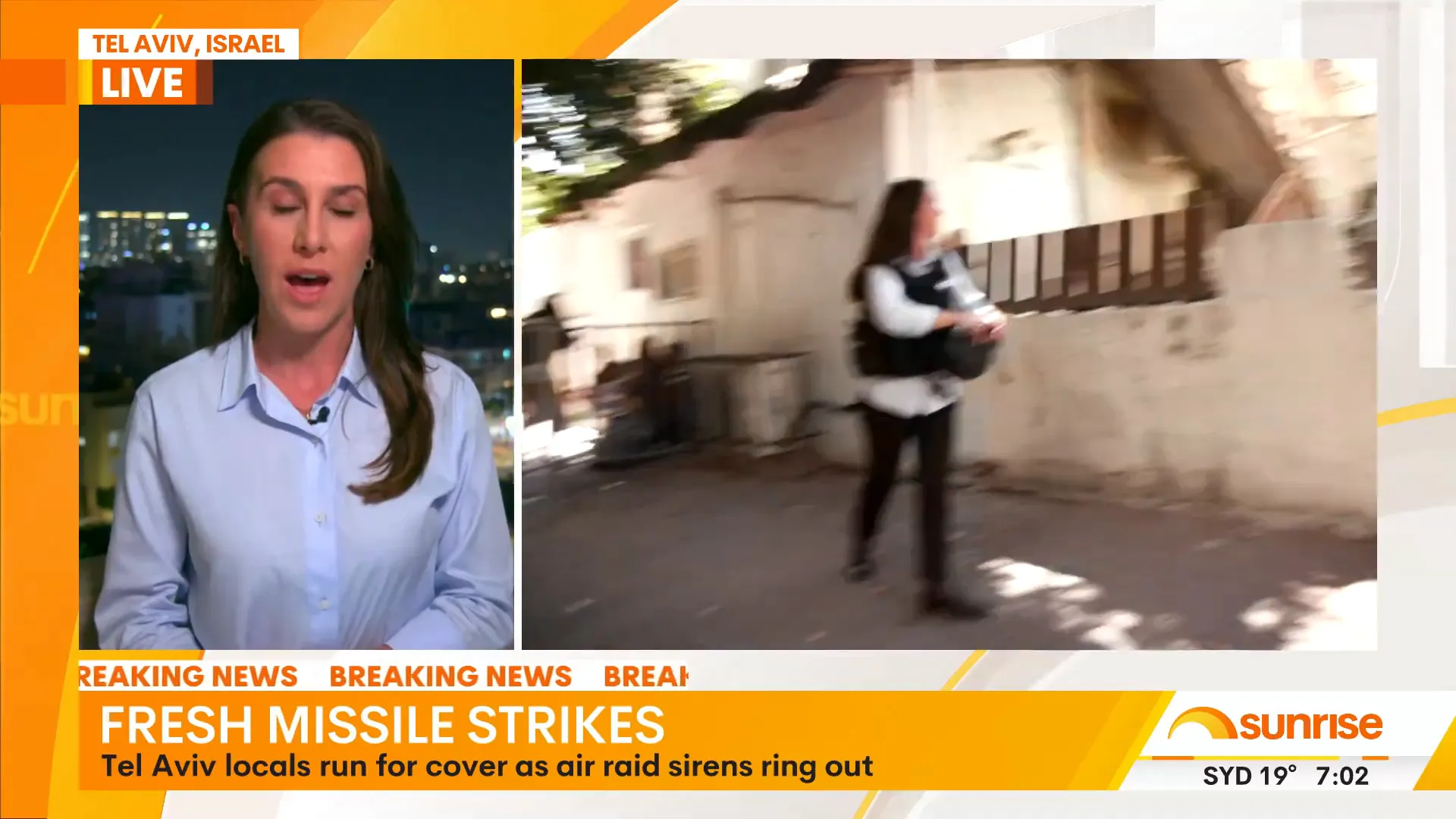 Australian correspondent reporting during air raid sirens in Tel Aviv