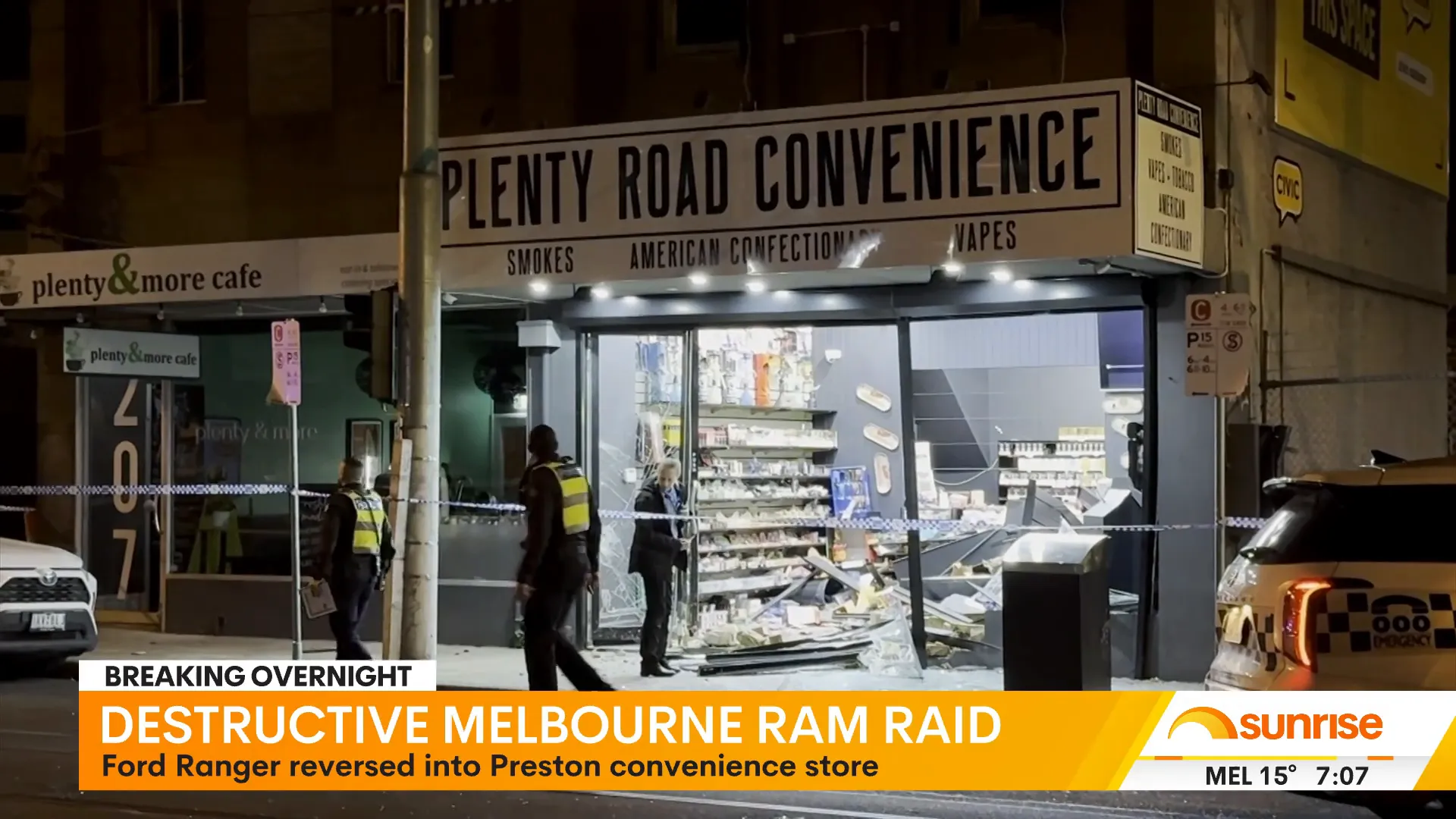Damaged convenience store after ram raid in Melbourne