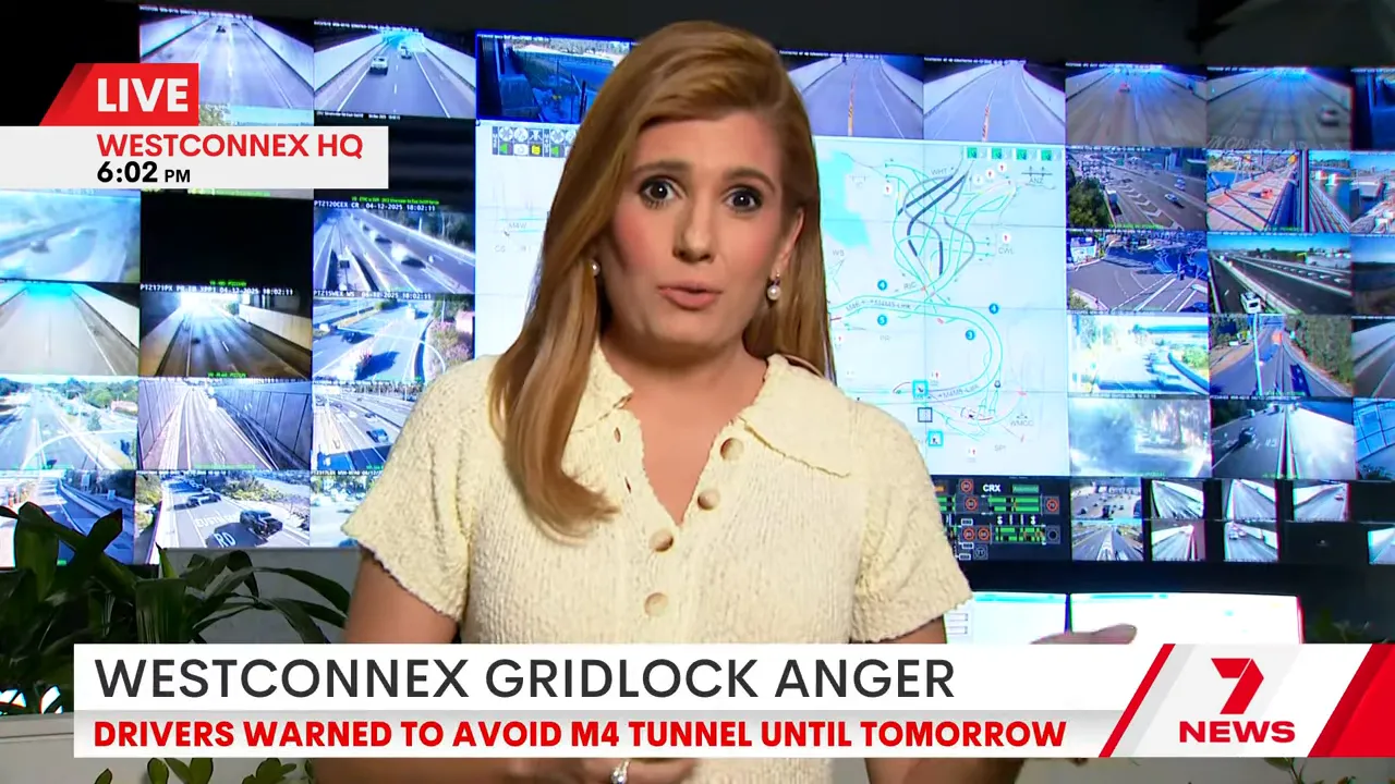 Live news presenter before a screen of traffic camera feeds with a headline reading 'WestConnex gridlock anger' and a warning to avoid the M4.