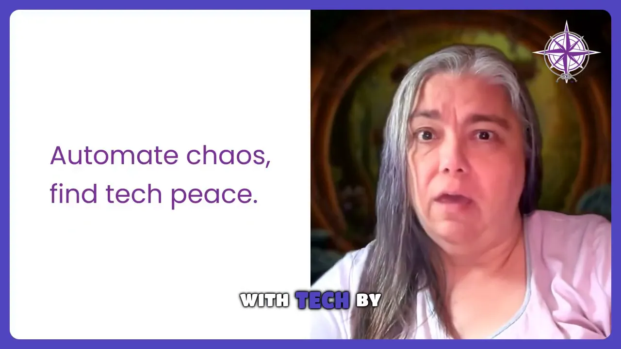 Slide reading 'Automate chaos, find tech peace.' on left with the speaker visible on the right in a purple-framed screenshot.