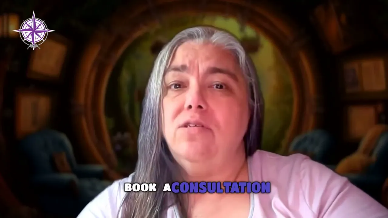 Presenter on video with on-screen call-to-action text 'Book a consultation' and a warm virtual background.